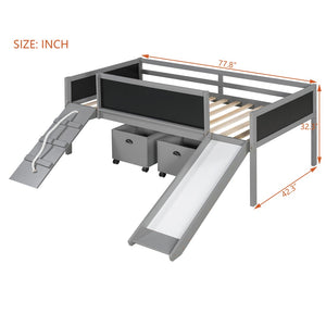 English Elm Twin Kids Loft Bed Solid Pine Frame with Slide Chalkboard and Climbing Rope Play Zone Gray N708P340493E