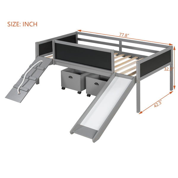 English Elm Twin Kids Loft Bed Solid Pine Frame with Slide Chalkboard and Climbing Rope Play Zone Gray N708P340493E