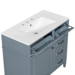 English Elm 36-Inch Modern Bathroom Vanity With Ceramic Sink Top, Storage Drawers, And Stylish Blue Gray Finish N725P350849E