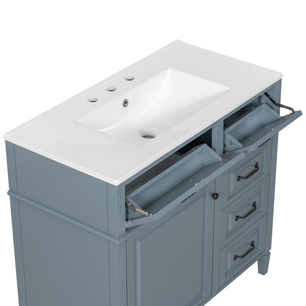 English Elm 36-Inch Modern Bathroom Vanity With Ceramic Sink Top, Storage Drawers, And Stylish Blue Gray Finish N725P350849E