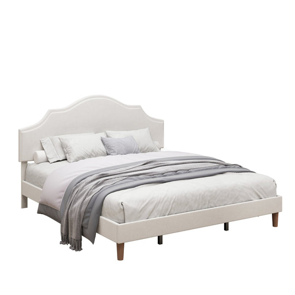 English Elm King Upholstered Platform Bed King Size Linen Fabric Padded Frame, Adjustable Headboard 32.9–37" White W1716P371759