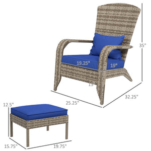 English Elm Outsunny Adirondack Chair & Ottoman Set - High-Back Wicker Outdoor Lounge With Cushions, Dark Blue W2225P174016-GIGA