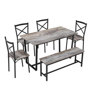 English Elm 6-Piece Dining Set with Metal Frame and MDF Tabletop, Sturdy Bench & Chairs, Modern Compact Design Gray W578P333489