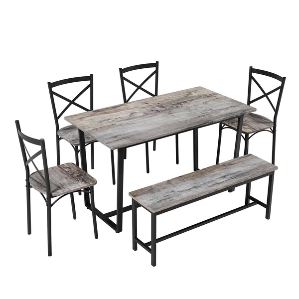 English Elm 6-Piece Dining Set with Metal Frame and MDF Tabletop, Sturdy Bench & Chairs, Modern Compact Design Gray W578P333489