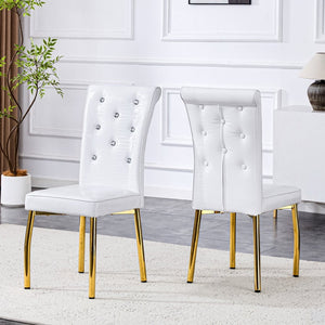 English Elm Set of 4 Glam Faux Leather Dining Chairs with Crystal Buckle and Gold Tone Legs White+Gold W3226P311059