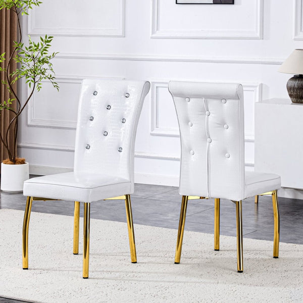 English Elm Set of 4 Glam Faux Leather Dining Chairs with Crystal Buckle and Gold Tone Legs White+Gold W3226P311059