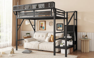 English Elm Twin Twin Size Loft Bed with Stairs and Built-In Shelves, Metal High Loft with Wardrobe for Kids Teens Black W2580S00035
