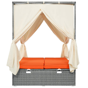 English Elm U_style Outdoor Rattan Steel Chaise Lounge with Shade Canopy and Reclining Cushioned Sunbed Orange WY000471AAO