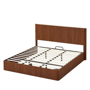 English Elm King Platform Storage Bed Walnut Hydraulic Lift Corrugated Wood Headboard Frame W1820S00060