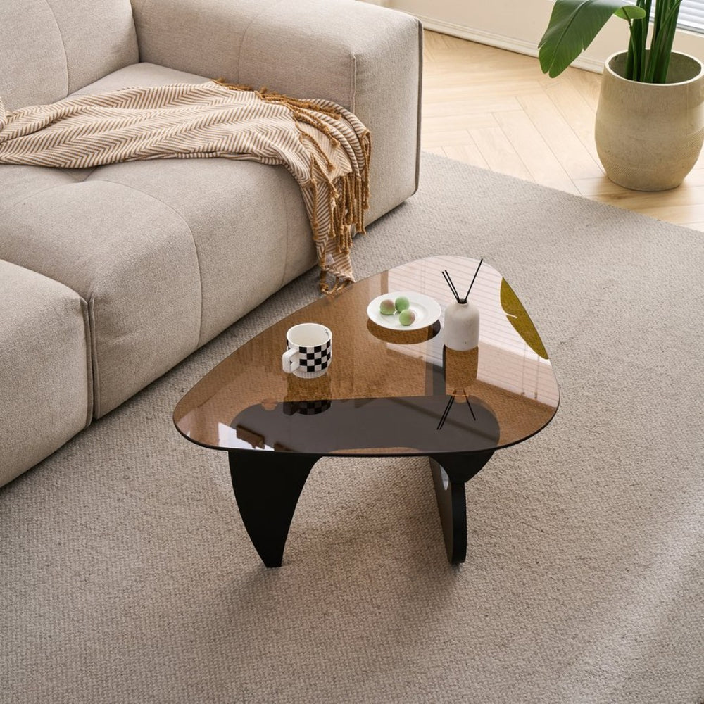 English Elm Glass Top Coffee Table Tempered Surface Oak Wood Base Mid-century Modern Living Room Black+Brown W1718P452035