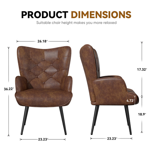 English Elm Elegant Upholstered Chair Ergonomic Wing-Back Armchair with PU Leather, Metal Legs, 150kg Capacity Brown T3950P394352