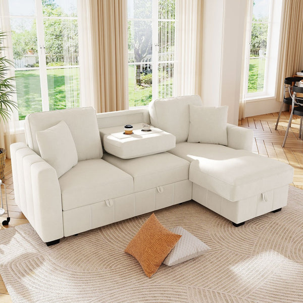 English Elm U_style Modular Sectional Sleeper Sofa with Storage Chaise and Cup Holders for Living Room Beige WY000467AAA