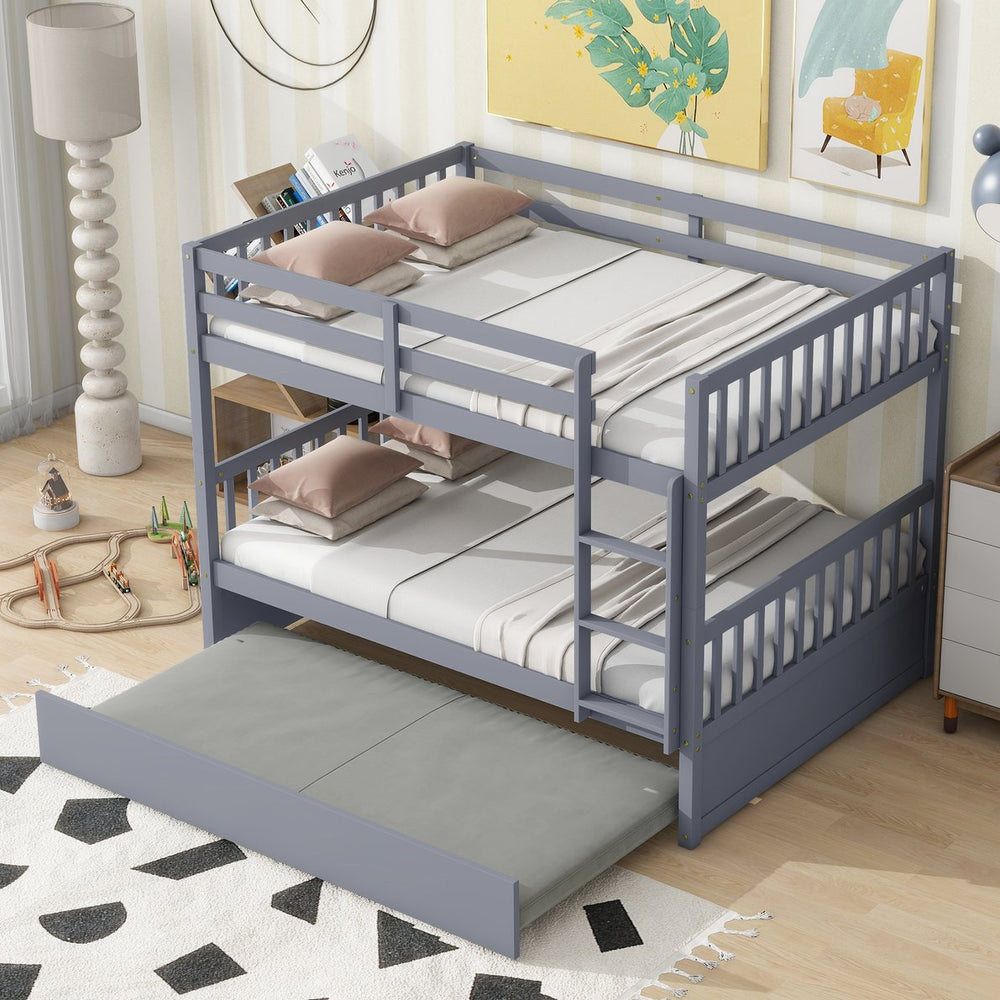 English Elm Full Over Full Bunk Bed With Twin Trundle, Ladder & Guardrails - Rustic Grey, Space-Saving Design W504S00178