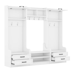 English Elm 4-in-1 Hall Tree with Bench, 7 Hooks, 2 Cabinets & 4 Drawers for Entryway Storage and Seating White W1580S00090