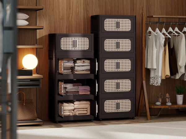 English Elm Retro 20" Folding Storage Cabinet - 5-Tier Collapsible Organizer With Magnetic Door & Wheels, Brown W2873P366244-GIGA