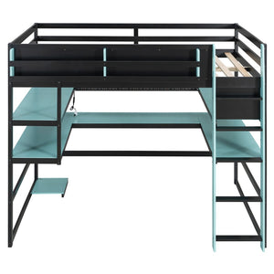 English Elm Full Size Gaming Loft Bed with Rgb Lights Wraparound Shelves and Built-in Usb Ports Blue LT000299AAC