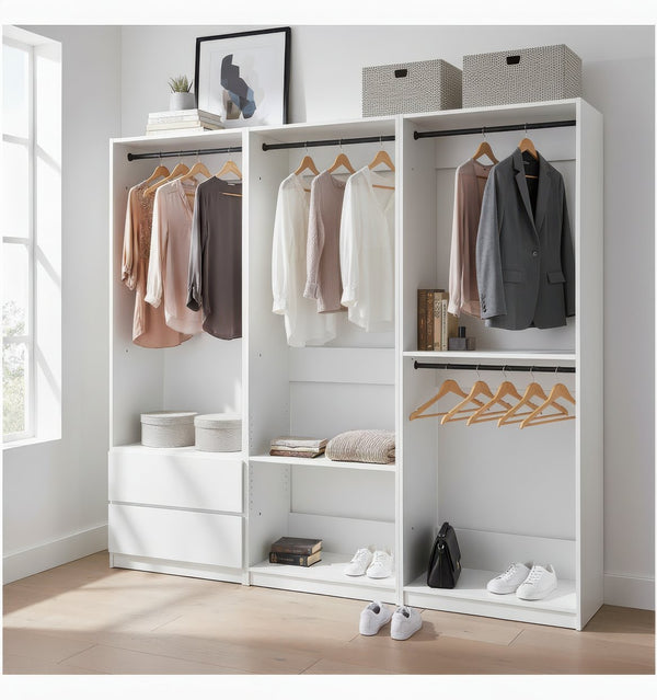 English Elm Prosper Freestanding White Wood Walk-In Closet System – Durable Melamine, Oak Finish, Modular Storage Elegance B040S00143