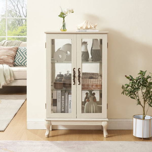English Elm 2 Doors Curio Cabinet - Elegant Lighted Display With Glass, Mirrored Back, Adjustable Shelves & More! W2275P178894