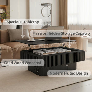 English Elm 38.6'' Fluted Lift-top Coffee Table with Hidden Storage Adjustable Modern Matte Surface Black W1435P293220