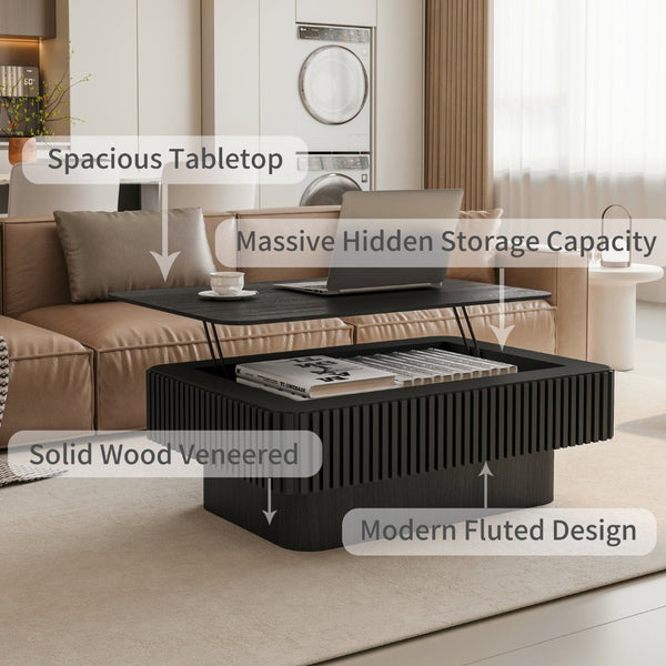 English Elm 38.6'' Fluted Lift-top Coffee Table with Hidden Storage Adjustable Modern Matte Surface Black W1435P293220
