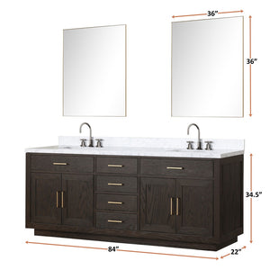 English Elm Brown Oak Double Bathroom Vanity with Carrara Marble Top and Frameless Mirrors B2731S01552