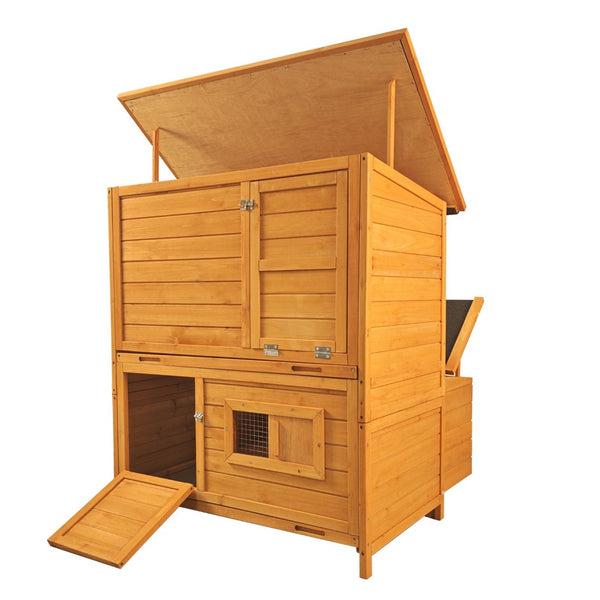 English Elm Chicken Coop Spruce Wood Double House for 8 Birds with Nesting Boxes Flip Roof W3166P506394