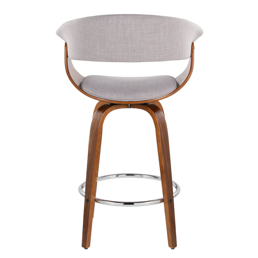 English Elm Vintage 26" Mid-Century Counter Stool Set of 2 - Swivel Grey Fabric, Walnut Legs, Chrome Footrest, 250 lb B202S00463