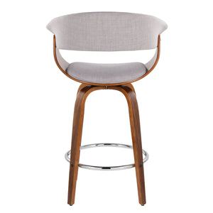 English Elm Vintage 26" Mid-Century Counter Stool Set of 2 - Swivel Grey Fabric, Walnut Legs, Chrome Footrest, 250 lb B202S00463
