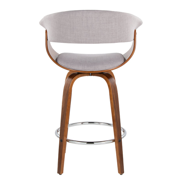 English Elm Vintage 26" Mid-Century Counter Stool Set of 2 - Swivel Grey Fabric, Walnut Legs, Chrome Footrest, 250 lb B202S00463