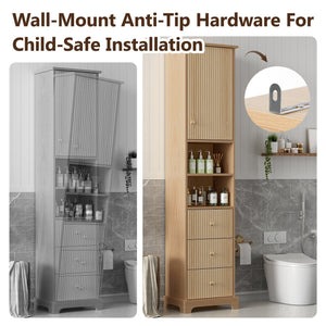 English Elm 67.7" Tall Freestanding Bathroom Cabinet with 3 Drawers, Open Shelves, Gold Handles, Anti-Tip Safety N729P335604O