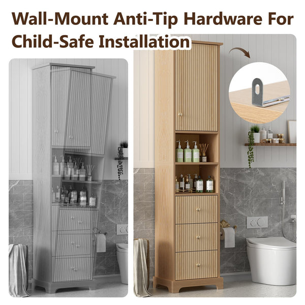 English Elm 67.7" Tall Freestanding Bathroom Cabinet with 3 Drawers, Open Shelves, Gold Handles, Anti-Tip Safety N729P335604O