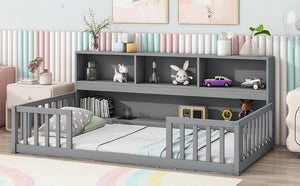 English Elm Twin Floor Bed with Built-In Bedside Bookcase and Shelves, Space-Saving Design with Guardrails Grey W504142770