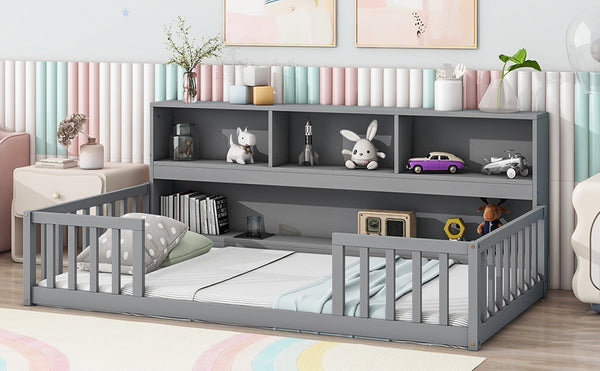 English Elm Twin Floor Bed with Built-In Bedside Bookcase and Shelves, Space-Saving Design with Guardrails Grey W504142770
