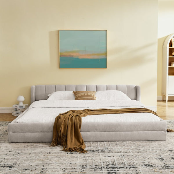 English Elm King Platform Bed Full Chenille Upholstery Low Profile Frame for Modern Bedroom Beige W487S00433