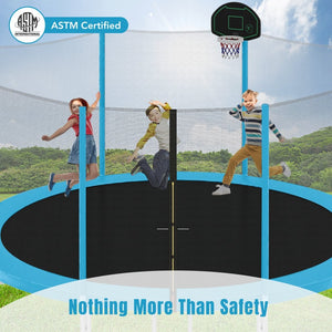 English Elm 14ft Round Backyard Trampoline with Enclosed Safety Net Basketball Hoop and Ladder Blue N739S000003C