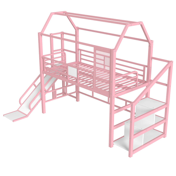 English Elm Twin House Loft Bed with Slide and Stairs, Metal Playhouse with Storage Shelves and Quiet Design Pink W1580S00349