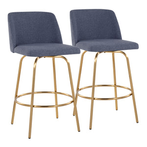 English Elm Toriano 26" Contemporary Counter Stool Set of 2 with Swivel Padded Seat Gold Metal Base, Stylish Upholstery and Round Footrest Blue B202S00392