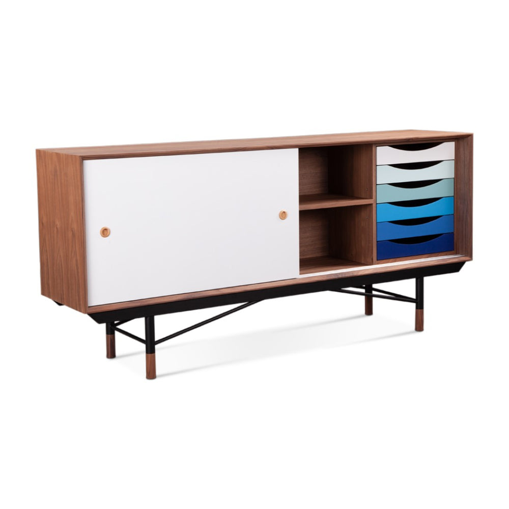 English Elm Finn Juhl Mid-century Walnut Veneer Sideboard with Sleek Steel Legs Dining Storage Blue,White B353S00012