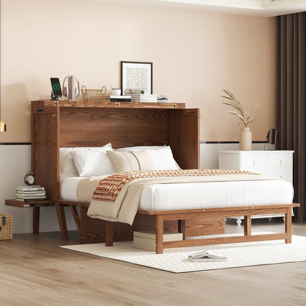 English Elm Full Size Pine Cabinet Murphy Bed with Usb Charging Side Shelves for Guest Rooms W504S00221