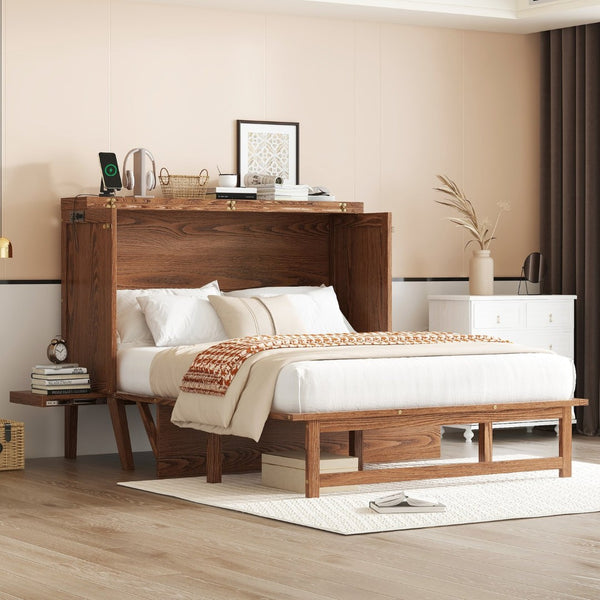 English Elm Full Size Pine Cabinet Murphy Bed with Usb Charging Side Shelves for Guest Rooms W504S00221