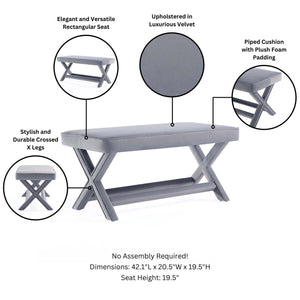 English Elm Abigail Velvet Accent Bench In Gray – Luxurious Upholstered Seating With X-Crossed Legs, Fully Assembled B365P398208