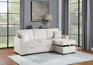 English Elm Convertible Corduroy Sectional Sofa with Reversible Chaise, Hidden Storage, USB Port & Pull-Out Bed Beige 60 L x 30 W x 19 H B011S01244
