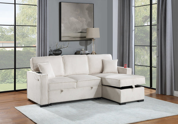 English Elm Convertible Corduroy Sectional Sofa with Reversible Chaise, Hidden Storage, USB Port & Pull-Out Bed Beige 60 L x 30 W x 19 H B011S01244
