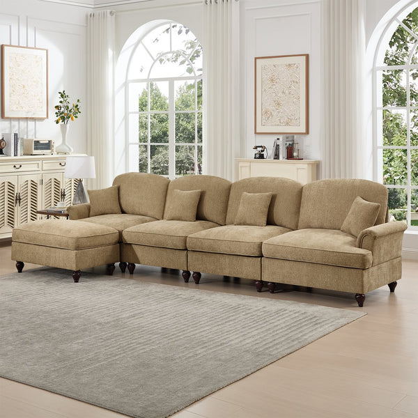 English Elm Classic Modular Chenille Sectional Couch - L-Shaped, Flared Arms, Removable Skirts & Movable Ottoman W3041S00250