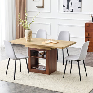 English Elm Scalable Extension Dining Set Linen Upholstered Chairs Wood Grain Table Modern Luxe W1151S04675
