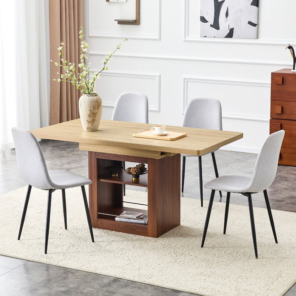 English Elm Scalable Extension Dining Set Linen Upholstered Chairs Wood Grain Table Modern Luxe W1151S04675