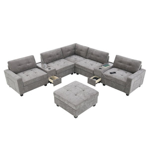 English Elm [new U-shaped Chenille Sectional Six Seat Tufted Couch with Usb Charging Storage Gray N723S1191E