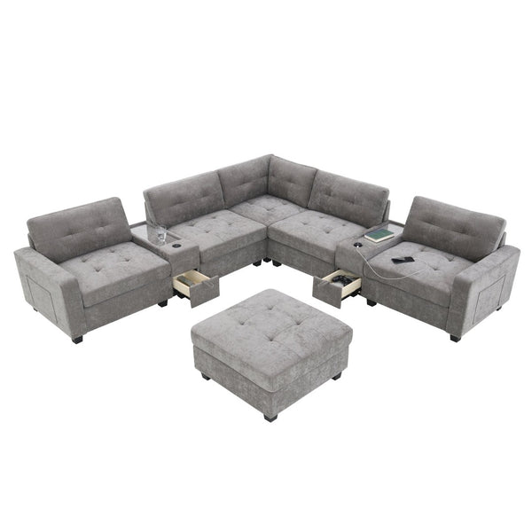 English Elm [new U-shaped Chenille Sectional Six Seat Tufted Couch with Usb Charging Storage Gray N723S1191E