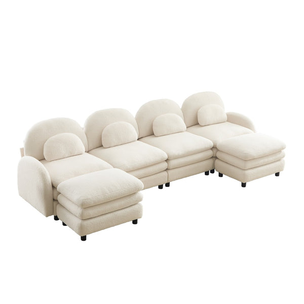 English Elm Teddy Fleece Curved Modular Sectional Sofa with Movable Ottomans for Cozy Living Rooms Beige White W5656S00089