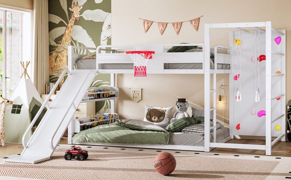 English Elm Twin Metal Loft Bed with Slide Basketball Hoop Climbing Wall and Built-in Shelves W1580S00634